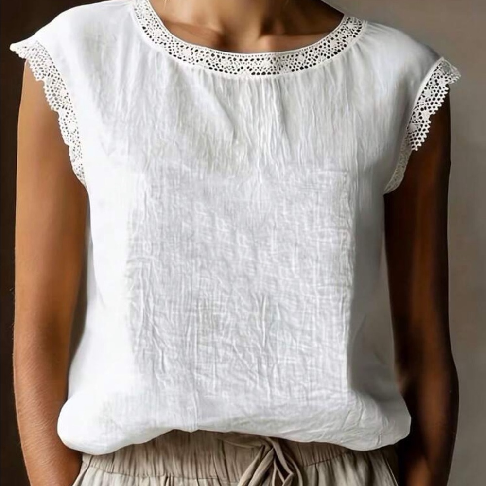 Women’s White Crochet-Trim Sleeveless Top